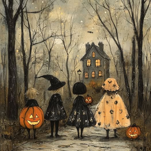 Three children in Halloween costumes approaching a haunted house in a foggy forest with jack-o'-lanterns