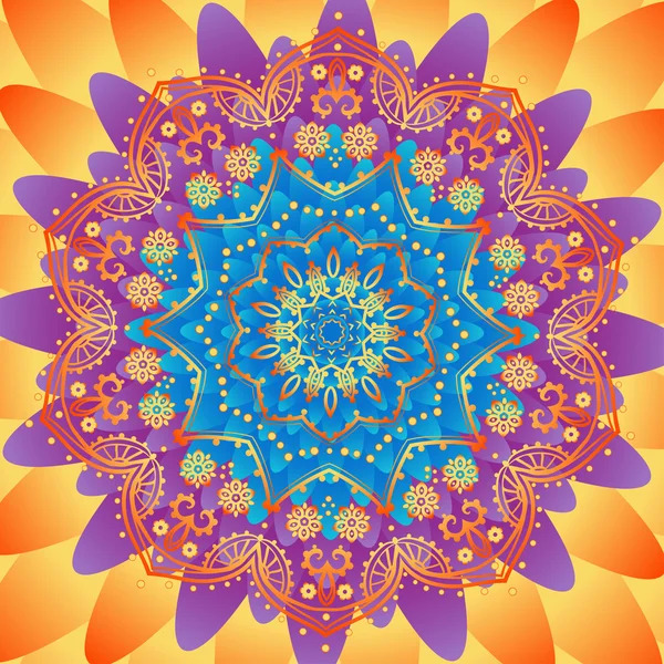 Colorful symmetrical mandala with blue center, purple petals, and orange-yellow radiating background