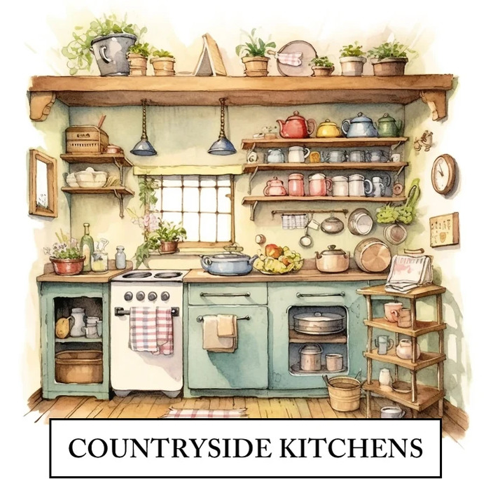 Illustration of a rustic countryside kitchen with stove, shelves, cookware, plants, and wooden accents