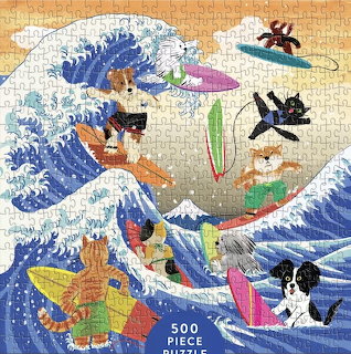 Cartoon dogs surfing on colorful boards in large stylized ocean waves