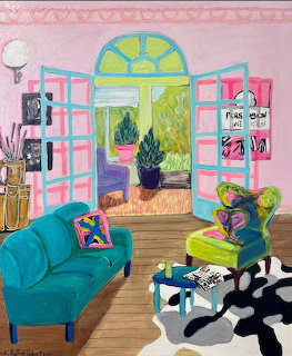Bright living room painting with pink walls, turquoise couch, pink shutters, arched window, and colorful decor