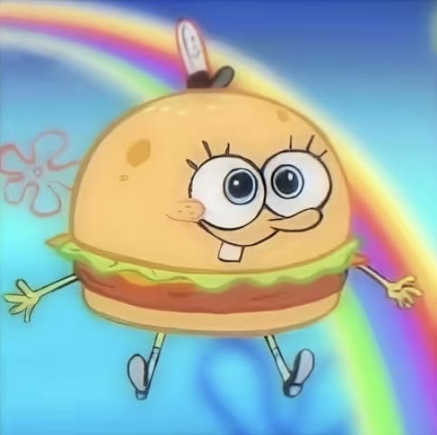 SpongeBob in a burger costume with a rainbow behind him