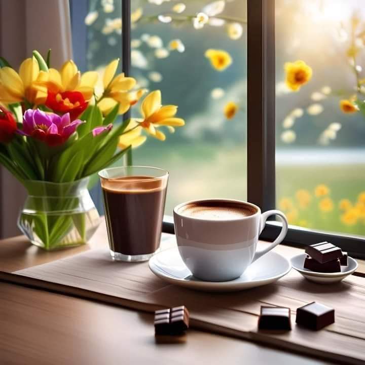 Two coffee cups and a vase of tulips on a wooden windowsill with garden view