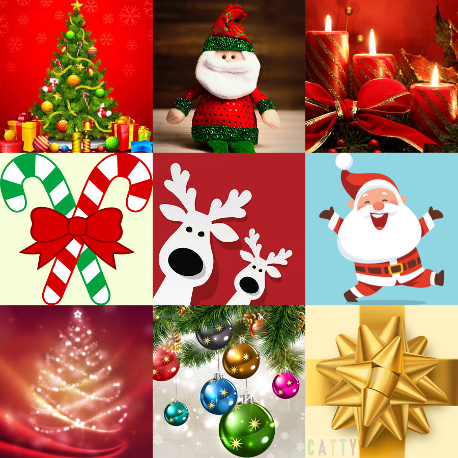 Grid collage of nine Christmas images including decorated trees, Santa, ornaments, candy canes, and festive decorations