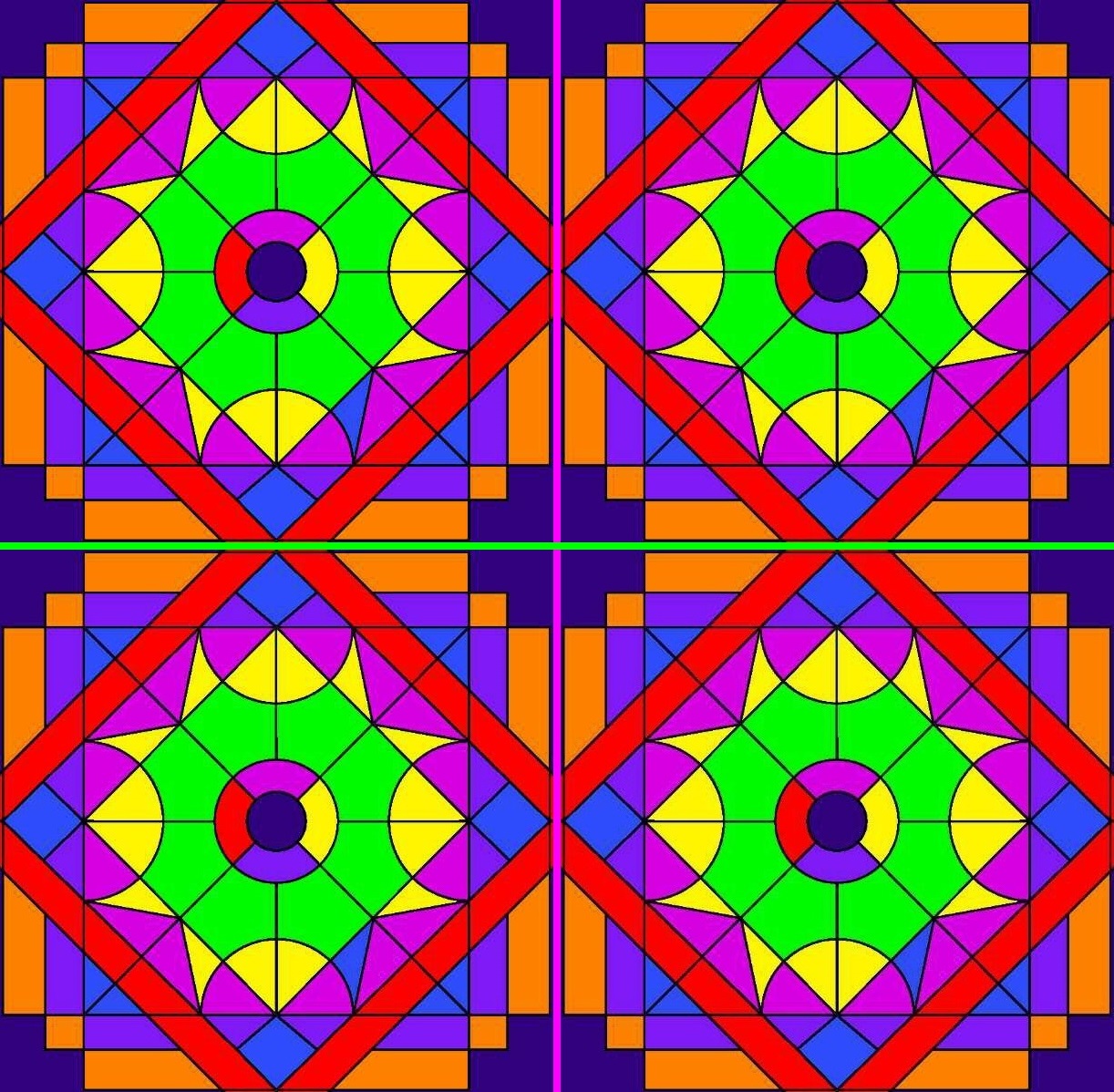 Colorful geometric pattern with four symmetrical squares containing concentric diamond and circle shapes