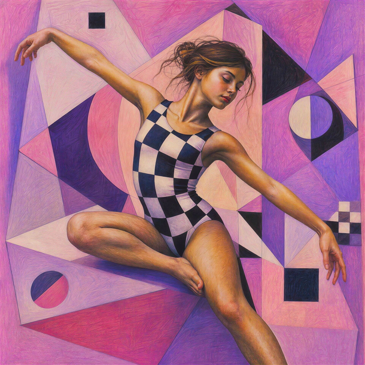 Dancer in black and white checkerboard outfit poses gracefully against colorful geometric abstract background