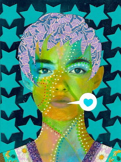 Abstract portrait with rainbow gradient overlay, cyan stars, and geometric patterns in pop art style