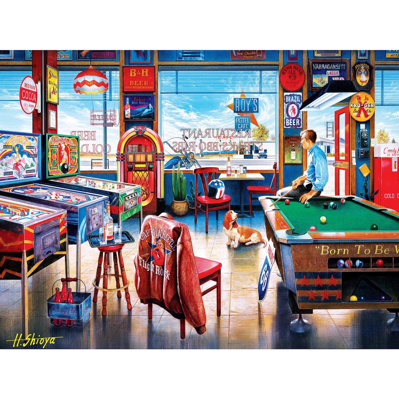 Colorful painting of a retro game room with pinball machines, pool table, woman, and dog