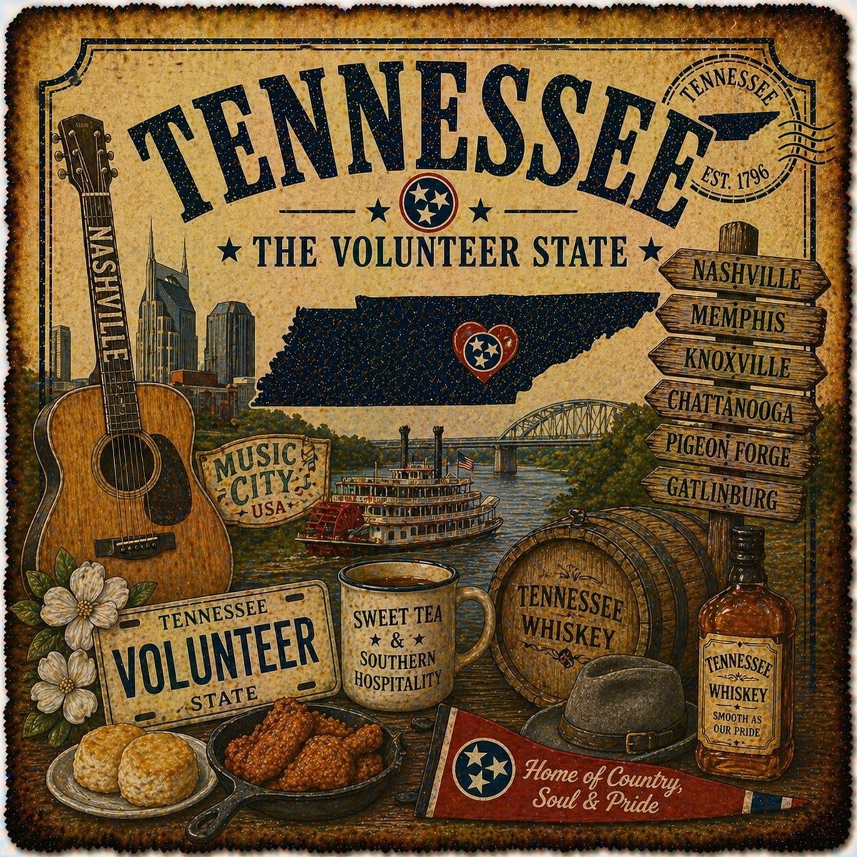 Vintage Tennessee collage with guitar, whiskey barrels, state map, Nashville skyline, and Southern food