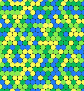 Colorful pattern of green, yellow, and blue circles arranged in rows on a green background