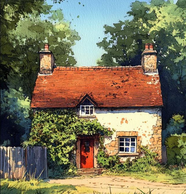 White cottage with red tile roof and door, covered in green vines, surrounded by trees