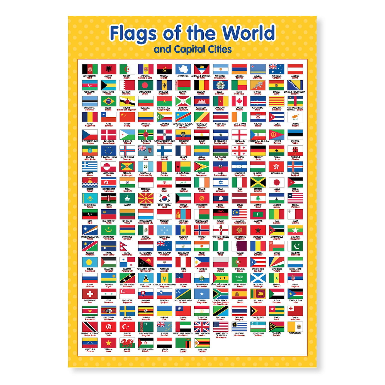 Poster with many world flags arranged in a colorful grid under the title Flags of the World and Capital Cities