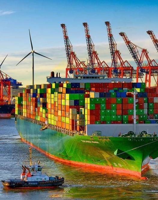 Container ship in a harbor with a tugboat and port cranes