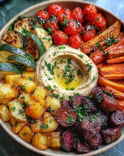Circular platter of roasted vegetables with humus center, arranged in colorful sections