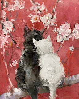 Black and White Cats Cherry Blossoms