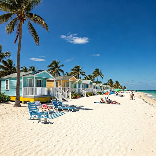 Colorful cottages on a sandy beach with palm trees, lounge chairs, and a turquoise ocean