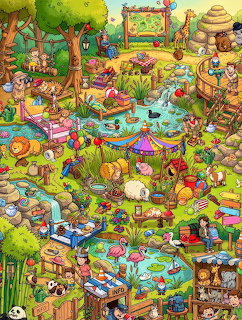 Busy cartoon garden party with many colorful characters, toys, food, and decorations in a backyard setting