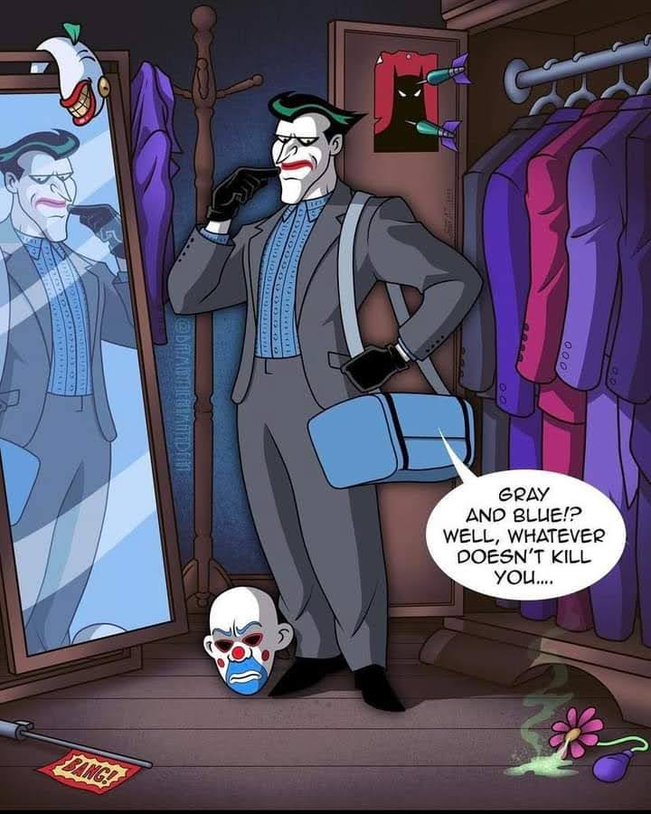 Cartoon Joker in a gray suit standing in a wardrobe closet with a clown mask on the floor