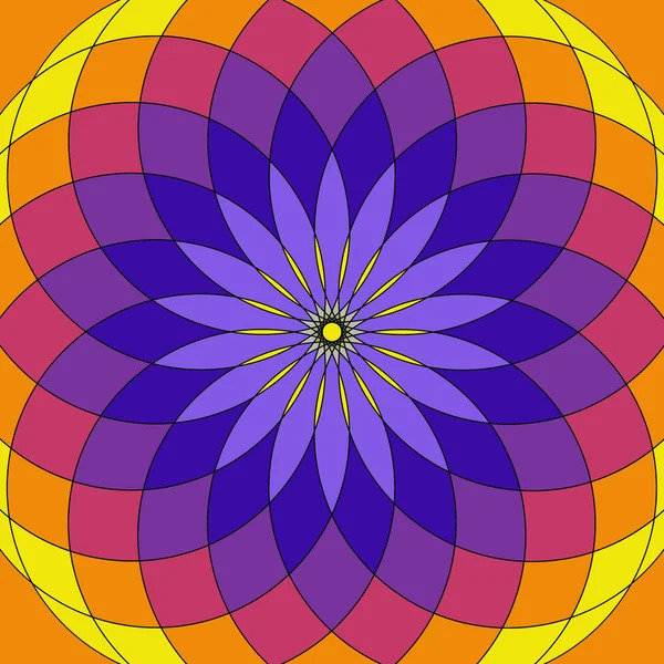 Geometric mandala with purple, pink, orange and yellow lotus petals in concentric layers on orange background