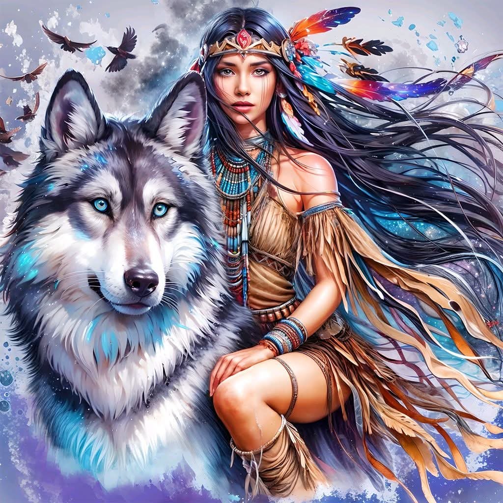 Native American woman with feathered headdress kneeling beside a gray wolf in digital fantasy art style