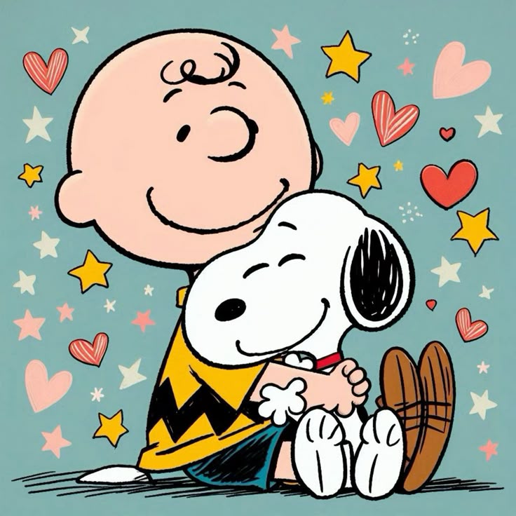 Charlie Brown hugs Snoopy with hearts and stars on a blue cartoon background