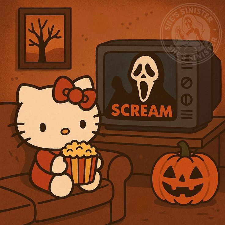Hello Kitty with popcorn and jack-o-lantern watching spooky TV in autumn-themed room