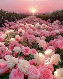 Field of pink and white roses in full bloom with a pink sunset sky in the background