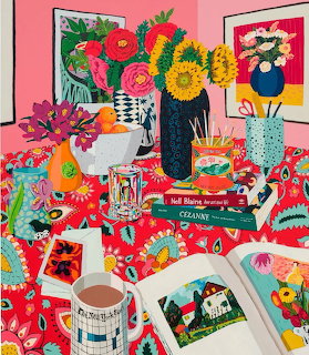 Bright still life painting with flowers, art materials, and colorful objects on decorated table