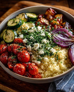 Quinoa bowl with roasted vegetables, cherry tomatoes, zucchini, red onion, herbs, and feta cheese in ceramic dish