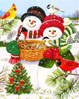Two festive snowmen feeding cardinals and chickadees from a basket in a winter landscape