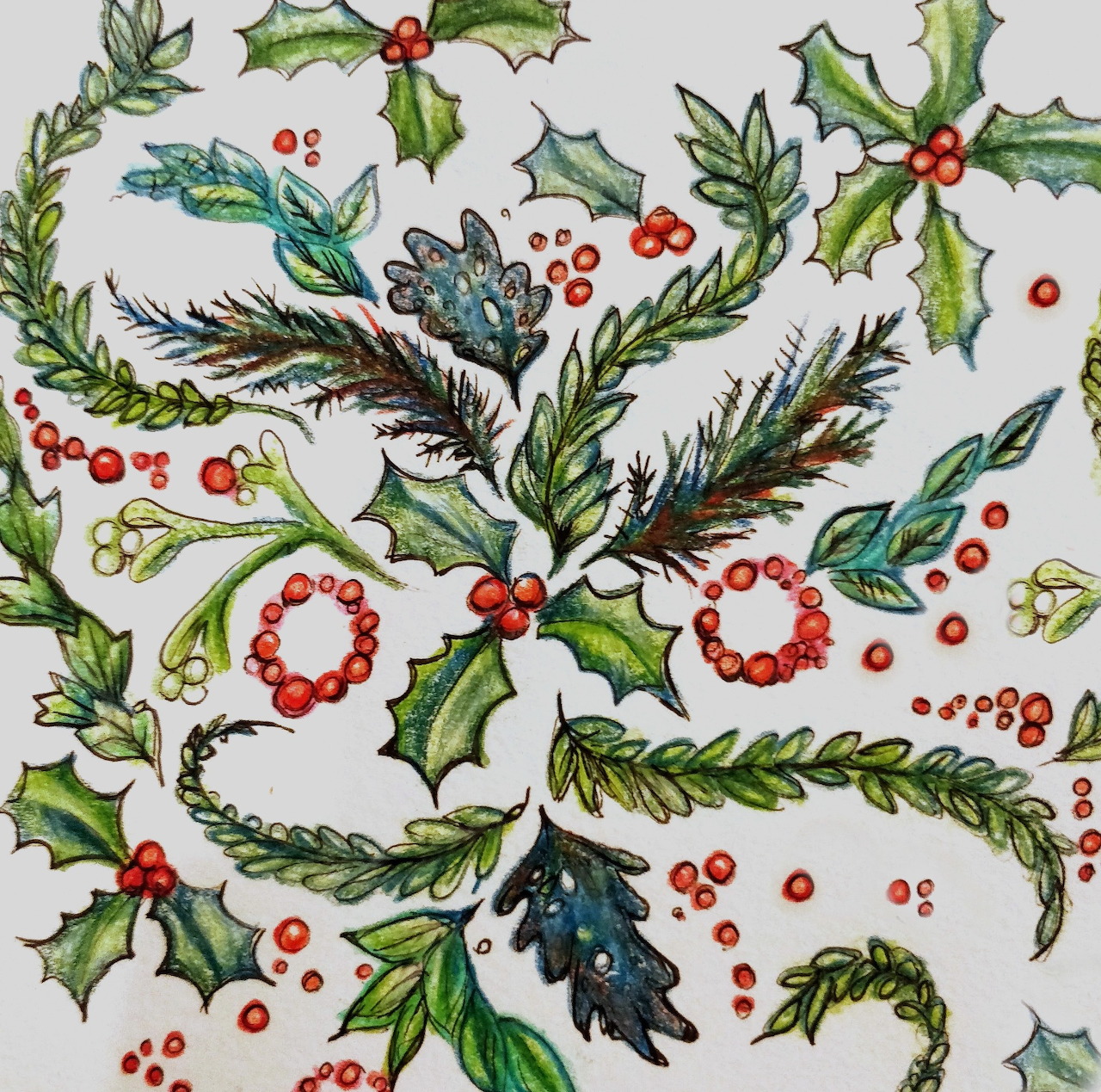 Watercolor Christmas wreath with holly, ivy, red berries and evergreen branches on white background