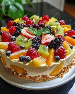 Fruit cake topped with fresh beries, kiwi, mango and mint leaves on a white plate