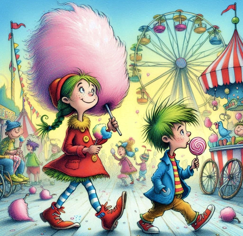 Cartoon children walking at a fair with giant pink cotton candy and a Ferris wheel
