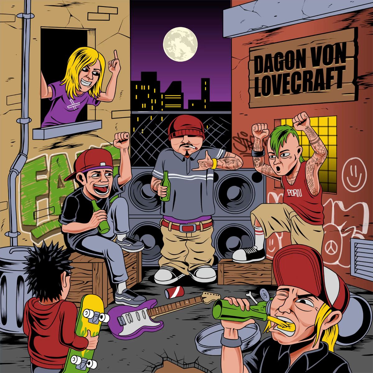 Cartoon kids making music in a graffiti alley at night with speakers, instruments, and a moon