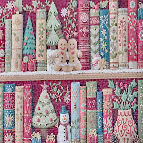 Illustrated Christmas bookshelf with gingerbread figures, snowman, decorated trees, and holiday books