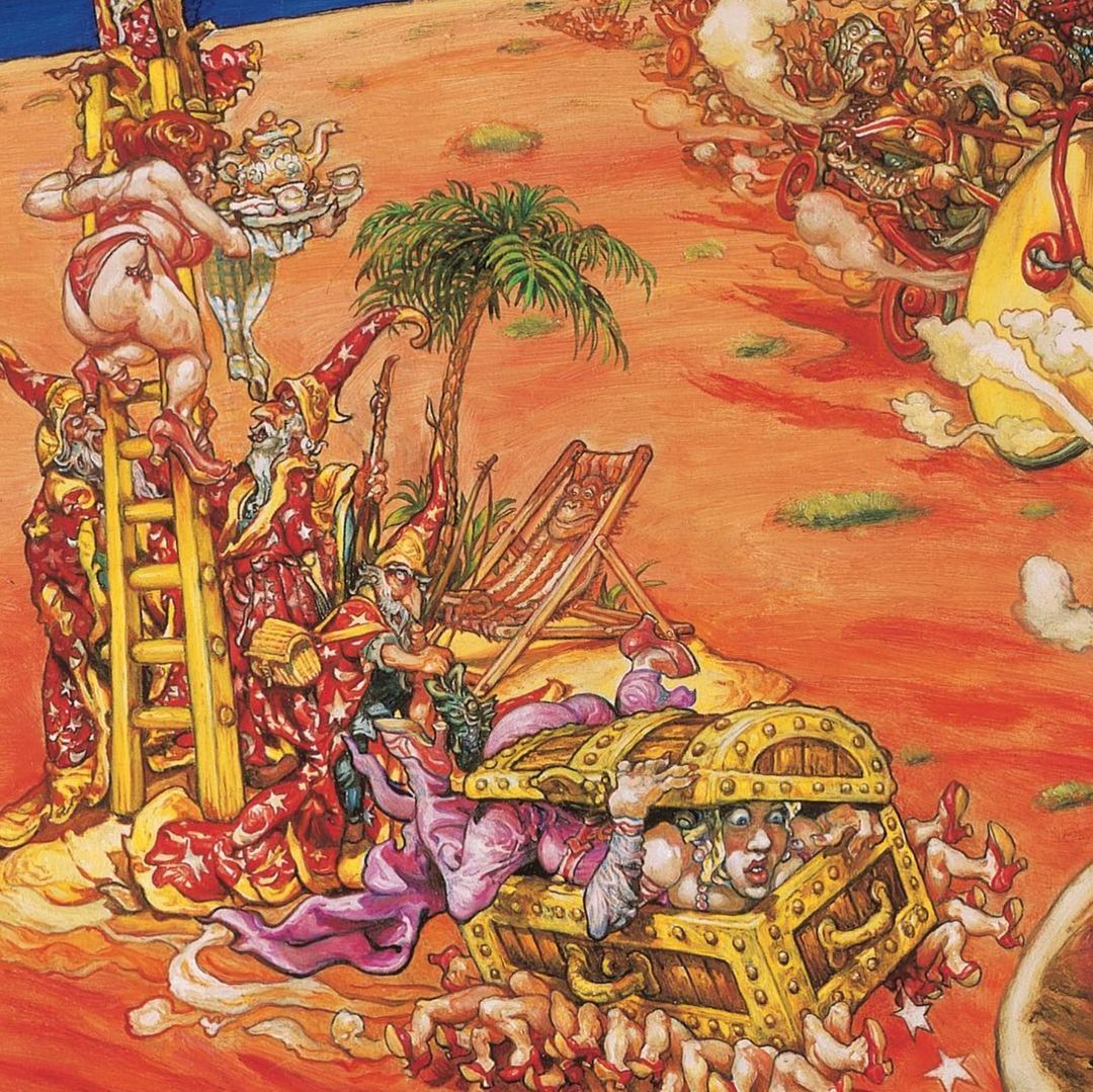 Colorful fantasy scene with cartoon characters, palm tree, treasure chest on orange desert with whimsical buildings