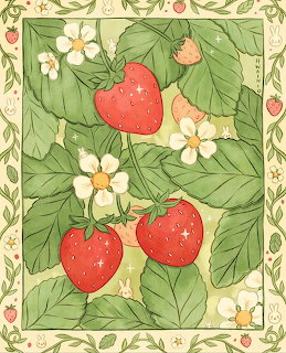 Illustration of red strawberries, green leaves, and white flowers with a decorative border