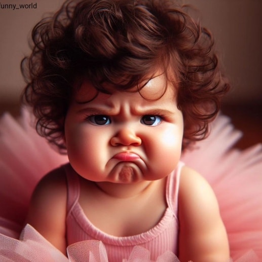 Baby girl with curly hair pouting in pink dress