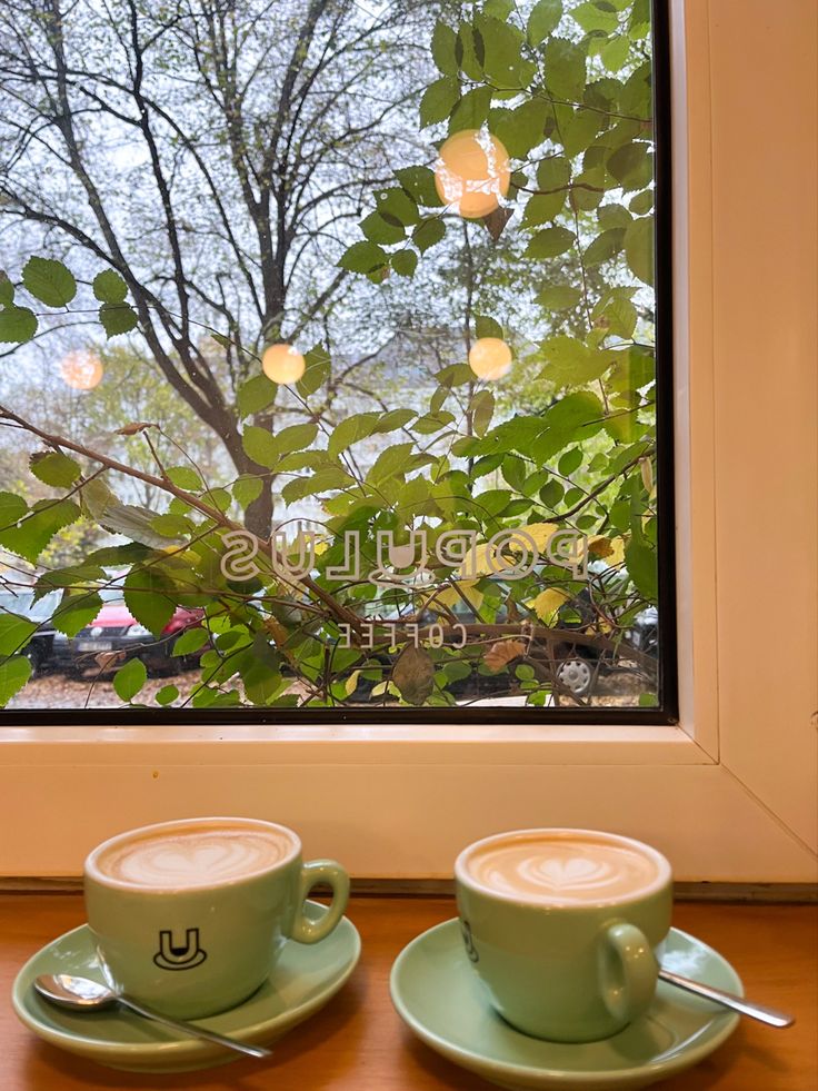 Two cappuccino cups with latte art on green saucers near a window overlooking a leafy tree
