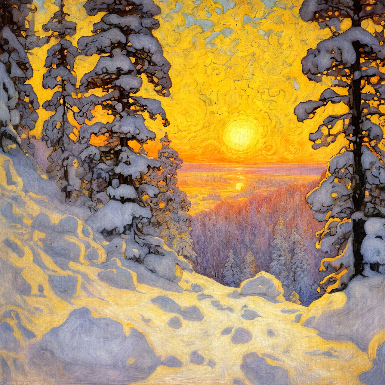 Snowy evergreens frame golden sunset over winter valley with orange sky and blue-shadowed snow