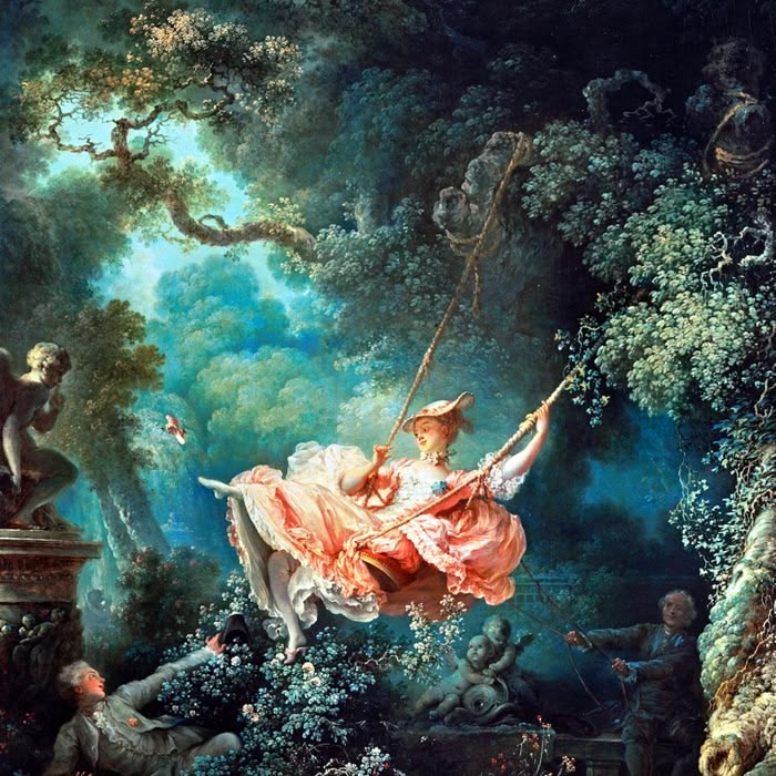 Rococo painting of woman in pink dress swinging in a garden with dramatic blue-green light filtering through dense foliage