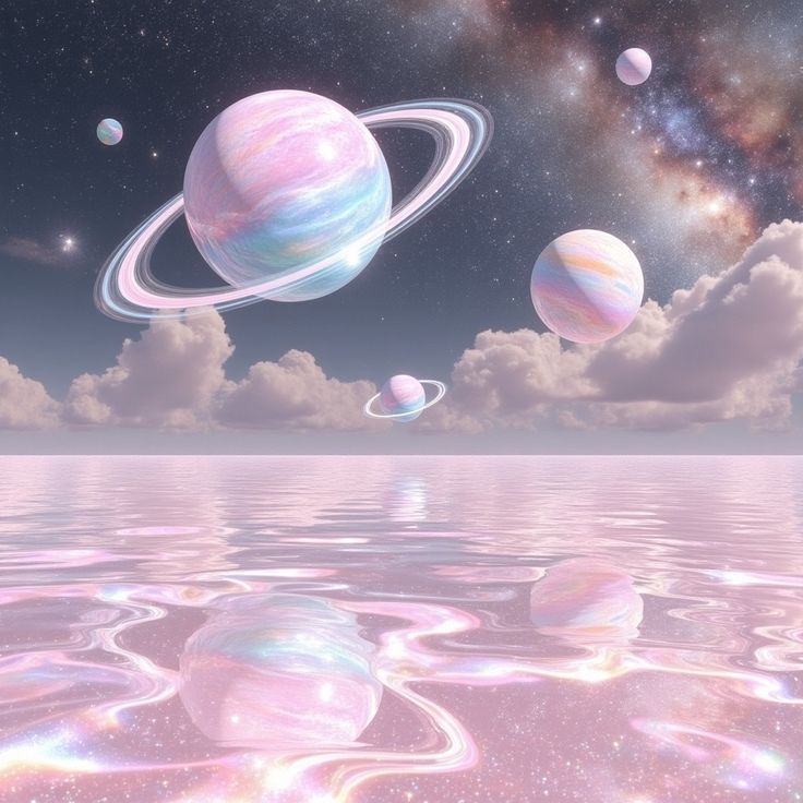 Pastel ringed planets over a reflective pink ocean under a starry sky and clouds