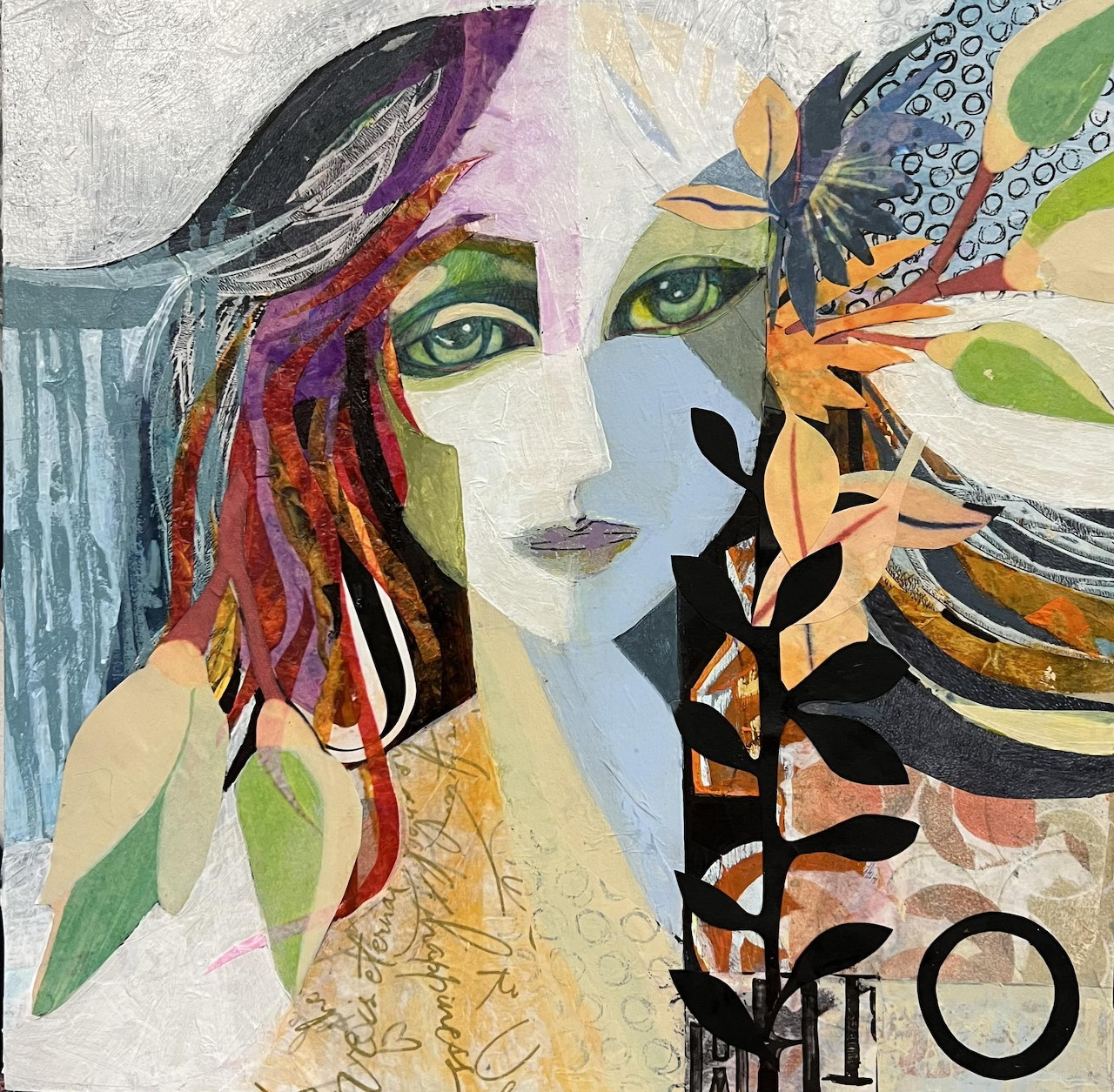 Abstract painted portrait of a woman with green eyes, colorful hair, and geometric shapes