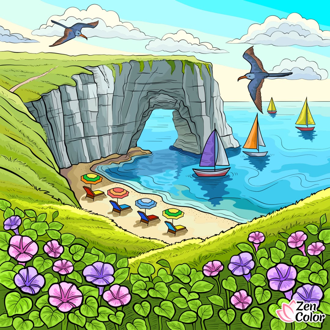 Illustrated seaside cliffs above a sandy cove with sailboats, birds, and pink flowers