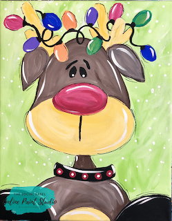 Painted brown dog with a red nose and colorful Christmas lights on its head