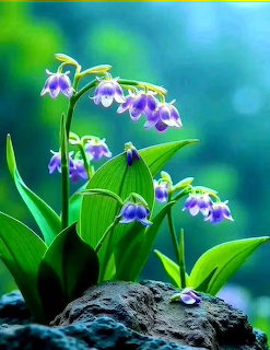 Purple bell-shaped flowers with green leaves growing on a rock with blurred green background