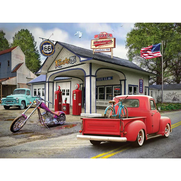 Vintage Route 66 gas station with a red pickup, turquoise classic car, and motorcycle