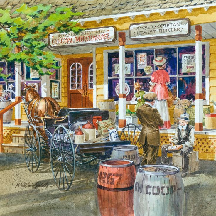 Watercolor painting of vintage general store with horse carriage and street vendors