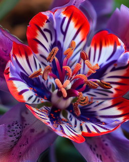 Close-up of a passionflower with purple, white and red striped petals and detailed center structures