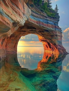 Natural rock arch with colorful layered sandstone reflecting in calm turquoise water